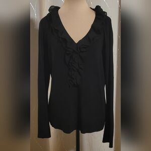 ​Oscar de la Renta Oscar Woman Black Ribbed Ruffle Knit Top 1X